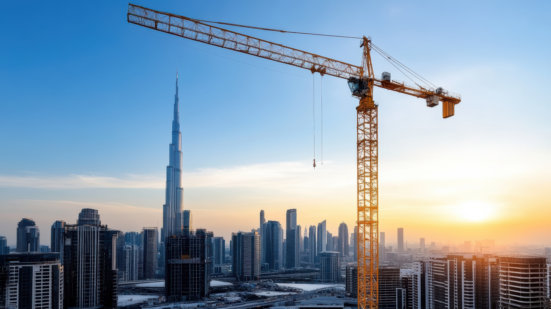 Construction crane against the Dubai skyline at sunset